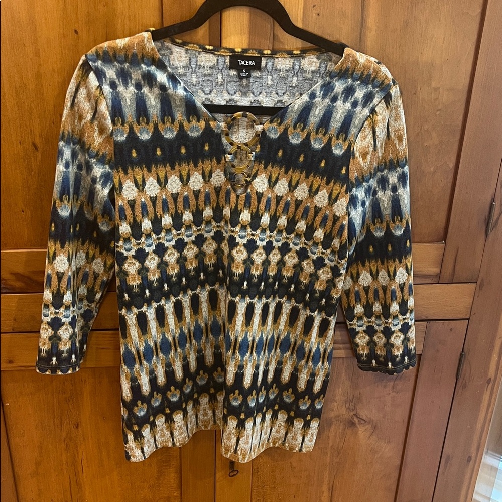 Tacera Women's Multi-colored Earthtone Blouse with Tortoise Accents
